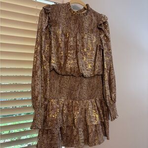 Anthropologie Brown and Gold Long Sleeve Dress